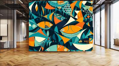 tile. Seamless pattern with fish. illustration in retro style. Generative AI Wall mural