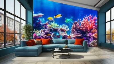 Tropical fish and corals in the aquarium. Underwater world. Wall mural