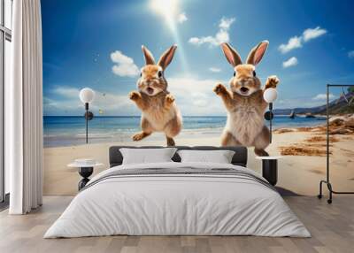 Two funny rabbits jumping on the beach Wall mural