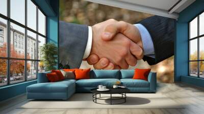 Two individuals in formal attire clasp hands in a firm handshake, indicating a successful agreement during a meeting in a scenic outdoor location Wall mural