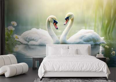 two swans on the lake in winter with snow and fog. Wall mural