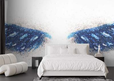 Blue glitter on abstract blue watercolor wings on white background Wall mural