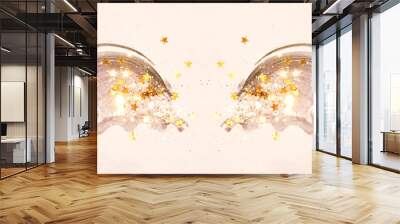 Golden glitter and glittering stars on abstract black watercolor wings in vintage nostalgic colors. Wall mural