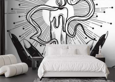 boho illustration with hands and candle. tattoo art style. Wall mural