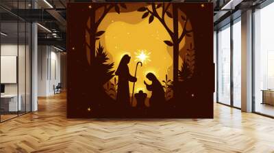 Birth of Christ. Nativity scene with Holy Family. Paper art illustrations. Wall mural