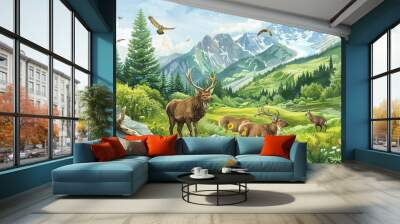 Realistic depiction of diverse alpine wildlife in a lush mountain reserve, perfect for educational eco-tourism brochureswatercolor illustrations Wall mural