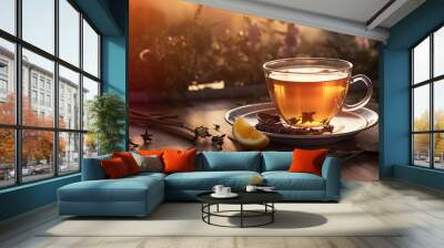 Cup of herbal tea with lemon and cinnamon on a wooden table.
 Wall mural