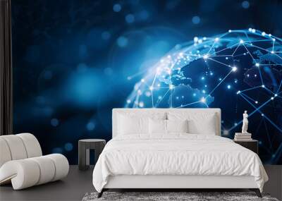  Abstract digital planet Earth with glowing connections and global network concept on dark blue background, technology wallpaper banner design Wall mural