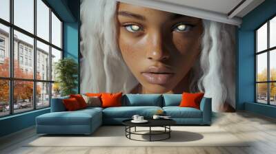 A captivating portrait featuring a woman with luminous eyes and white hair, showing serene beauty and artistic style in a timeless expression. Wall mural