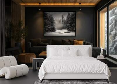 A contemporary living room featuring a dark color palette, minimalist furniture, and a large window showcasing a snowy winter landscape, creating a cozy and stylish atmosphere. Wall mural