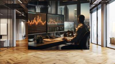 A focused financial analyst working with charts and graphs on a large computer screen in a corporate office Wall mural