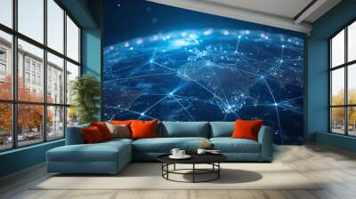 a globe connected with lines, dots, and other electrical connections, in the style of dark sky-blue and dark navy, soft-focus, streamlined forms Wall mural