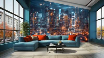 A highly detailed futuristic cityscape featuring tall skyscrapers and glowing lights, representing advanced technology and the bustling life of advanced urban environments. Wall mural