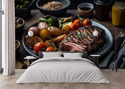 A plate of tender and juicy grilled steak with a side of roasted potatoes and sautéed vegetables Wall mural