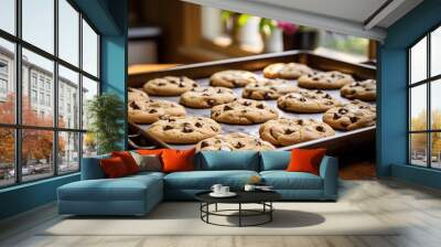 A tray of homemade chocolate chip cookies, fresh out of the oven and still warm Wall mural