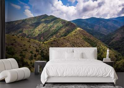 Aerial view of mountain and forest, cloudy day. Near the Ibar river and Maglic castle in Serbia Wall mural