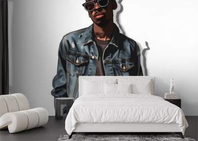 An image featuring a stylized drawing of a person wearing a denim jacket over a dark shirt, striking a confident pose with hands in pockets, representing modern youth culture. Wall mural