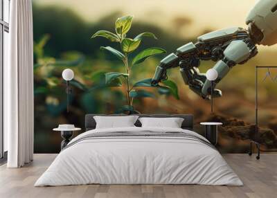 an robot is planting tree with a hand in the soil Wall mural