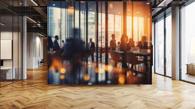 Blurry photo of a big modern corporate office with business people Wall mural