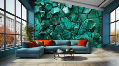 Broken pieces of green malachite stones forming an intricate mosaic, highlighting the stone's natural beauty and elegant textures with each fragment contributing to the unified design. Wall mural