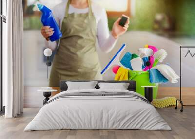 Cleaning items on wooden table in modern kitchen.  Woman house work or charwoman blured in background. Bucket, brush, washcloth, spray.. Wall mural