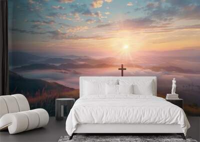 Cross at Sunset evening light on mountains. Wall mural