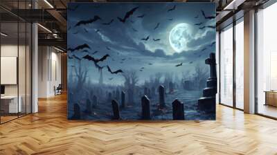 Dark Background of Graveyard with moon and bats. generative ai Wall mural