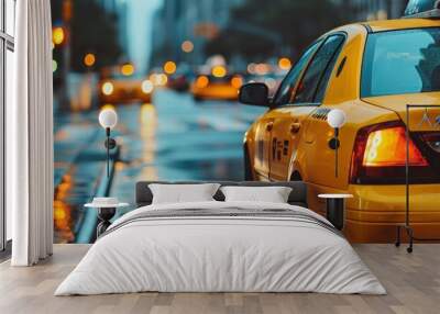 Detail of yellow cab in big city. Yellow taxi transport car in autumn new york. Wall mural