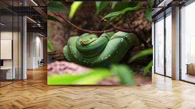 Emerald tree boa (Corallus caninus) green colour snake sitting on bench in rainforest of South America Wall mural