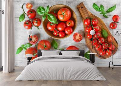 Fresh red tomatoes on white background or light rustic table. Tomato variety vegetable concept top view Wall mural