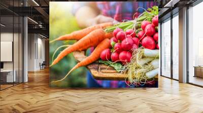 Fresh vegetables in woman hands on old wooden cut board. Healthy farmer food concept. Wall mural