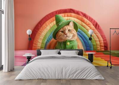 Ginger cat in a green outfit sitting comfortably on a rainbow quilt. Photo of a cat in a festive leprechaun costume lying on colorful bedspread. Saint Patrick's Day Concept. Wall mural