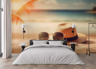 hat with sunglasses on the beach Wall mural