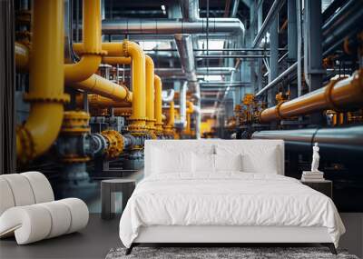 Industrial area. Steel pipelines valves and pumps in huge factory building Wall mural