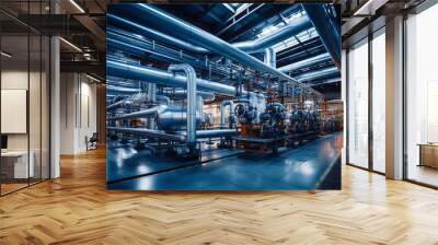 Industrial area. Steel pipelines valves and pumps in huge factory building Wall mural