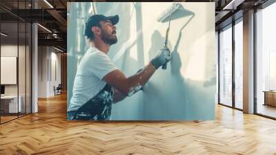 Painter using white roller for wall painting Wall mural