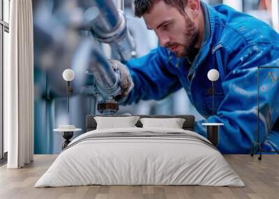 Plumber in blue suit checking or fixing water tubes in heating system in technician room Wall mural