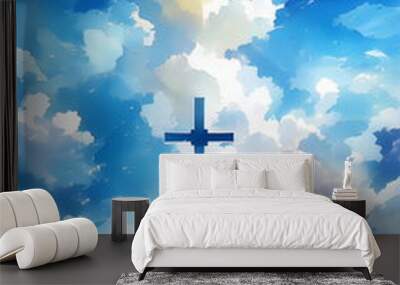 Silhoetes of Saints in heaven on clouds with shining cross behind. Watercolor christian painting in blue colors. All Saints Day All Souls' Day celebration banner, background, wallpaper Wall mural