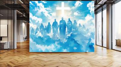 Silhouettes of Saints in heaven on clouds and shining white cross behind. Watercolor christian painting in white and blue colors. All Saints Day All Souls' Day banner, background, wallpaper Wall mural