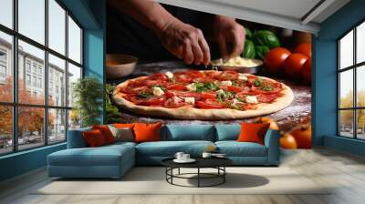 tasty homemade pizza with lots of ingredients Wall mural