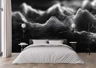 This image showcases an abstract wireframe terrain rendered in black and white, emphasizing its texture and intricate details, portraying a sense of depth and dimensionality. Wall mural