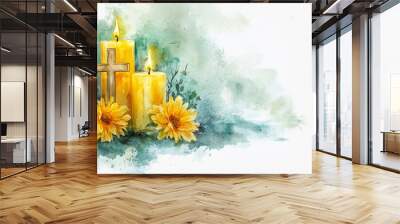 Two candles and wooden cross with yellow flowers on light green watercolor on paper with copy space for text. For All Saints Day, All Souls Day, Remembrance, funeral background Wall mural