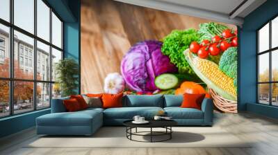 Variety assorted raw organic fresh vegetables wide banner. Assortment of fruits and vegetable. Healthy raw detox food diet panorama concept. Wall mural