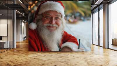 AI-Generated Santa Enjoying Tropical Beach Drink Wall mural