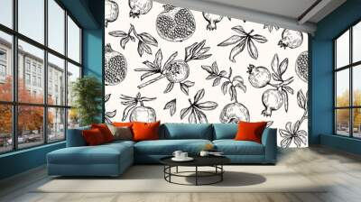 Vector illustration. Pen style vector seamless pattern. Pomegranates, cut pomegranate, branches and leaves. Wall mural