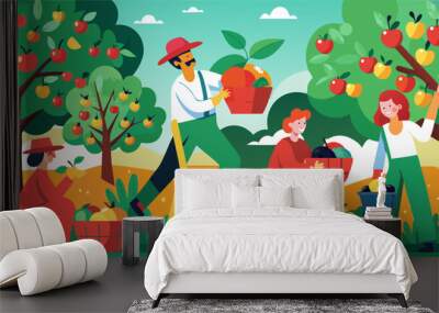 Grupo de personas recolectando frutas en un huerto otoñal, con escaleras y cestas llenas de manzanas, rodeados de árboles con frutas maduras. Wall mural