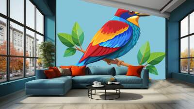 Vector illustration of a colorful bird sitting on a branch with green leaves. Wall mural