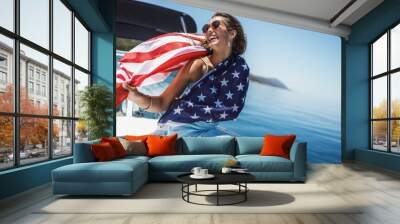 Woman With US National Flag Spending Day On Private Yacht Wall mural