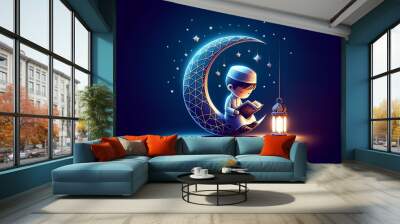 3d illustration of child who is seating on crescent moon and reading quran. Wall mural