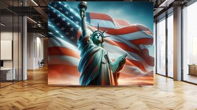 Background for Independence Day with a Statue of Liberty and large waving American flag. Wall mural